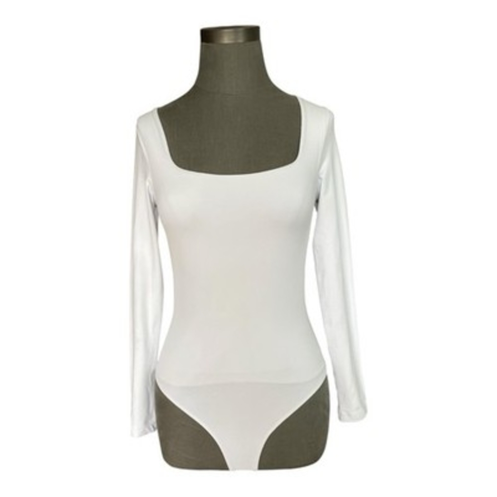 Flevita White Square Neck Long Sleeve Thong Bodysuit Women's Size S VG - Picture 4 of 6